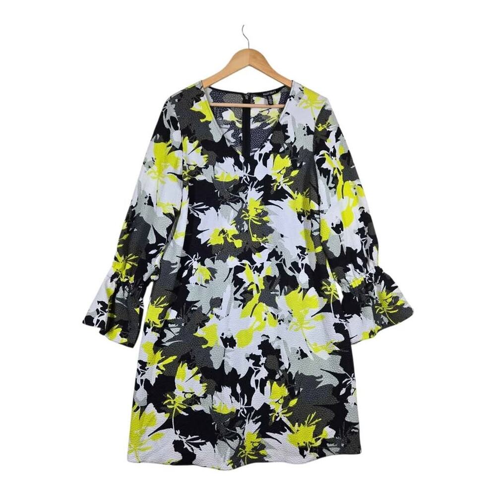 Ellen Tracy Abstract Floral Bell Sleeve Shift Dress L Black White Chartreuse Mod